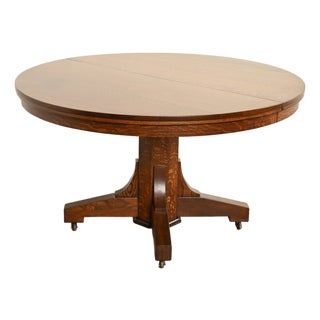 Stickley Brothers Style Antique Mission Oak Arts & Crafts Pedestal Extension Dining Table, Newly Refinished For Sale