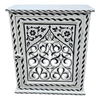 Hand Painted Mediterranean Medicine Cabinet / Wall Shelf / White and Black Zouak For Sale