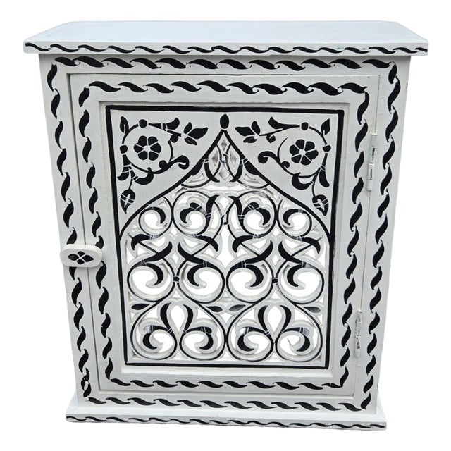 Hand Painted Mediterranean Medicine Cabinet / Wall Shelf / White and Black Zouak For Sale