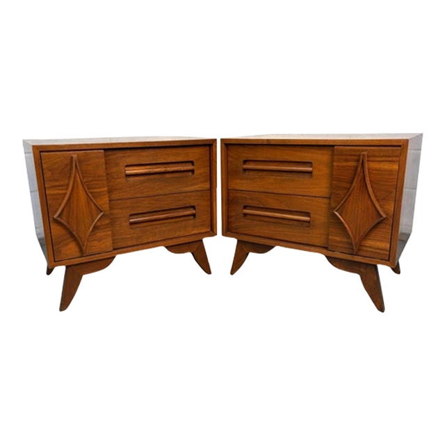 Pair of Unique Mid 20th Century Modern Walnut Nightstands For Sale