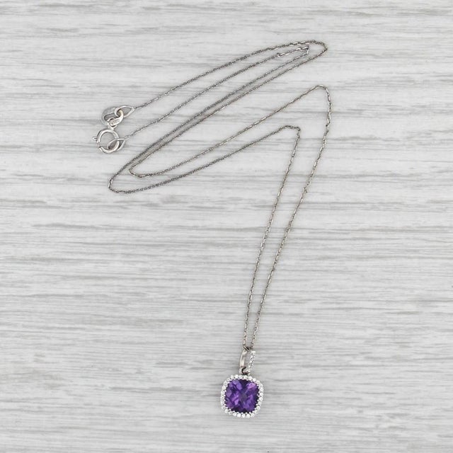 2010s 1.47ctw Amethyst Diamond Halo Pendant Necklace 18k White Gold 16.25" Cable Chain For Sale - Image 5 of 6