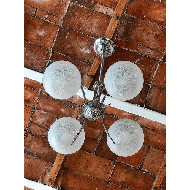Vintage Sputnik Hanging Lamp with Etched Glass Shades and Chrome-Plated Metal Frame, 1970s For Sale - Image 4 of 7