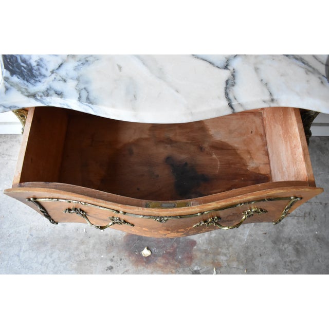 Antique Louis XV-Style Bombe Marquetry, Ormolu, & Marble Top Bombe Chest of Drawers For Sale - Image 11 of 12