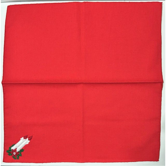 Vintage Red Christmas Dinner Napkins With Poinsettia & Candles, Set of 12 For Sale - Image 4 of 5