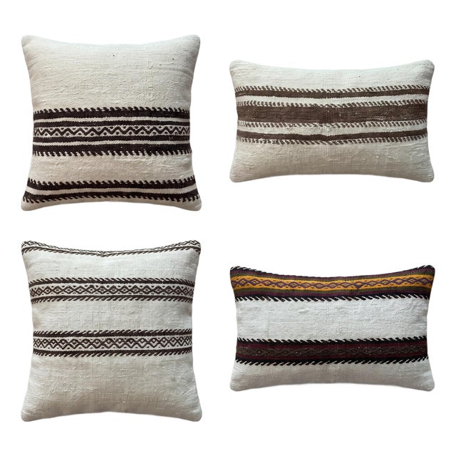 Turkish Wool Lumbar Kilim Pillow Cover 16'' X 24'' & 19'' X 19'' - Set of Four For Sale