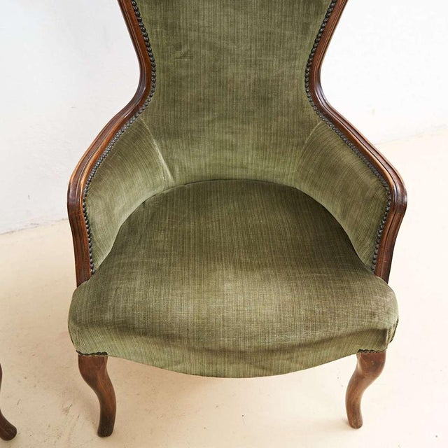 Pair of antique walnut armchairs with green velvet seat height: 91 width: 59 seat height: 37 additional information style:...