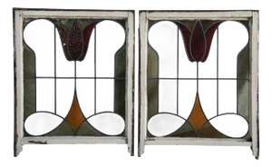 Set of 2 Antique Victorian Leaded Stained Glass Tulip Windows Architectural Salvage