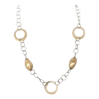 Mid 20th Century Oval Bead & Open Ring Fancy 14k Two Tone Gold Necklace For Sale