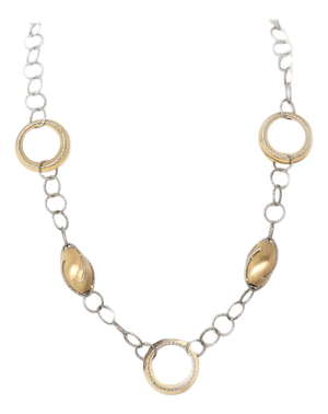 Mid 20th Century Oval Bead & Open Ring Fancy 14k Two Tone Gold Necklace
