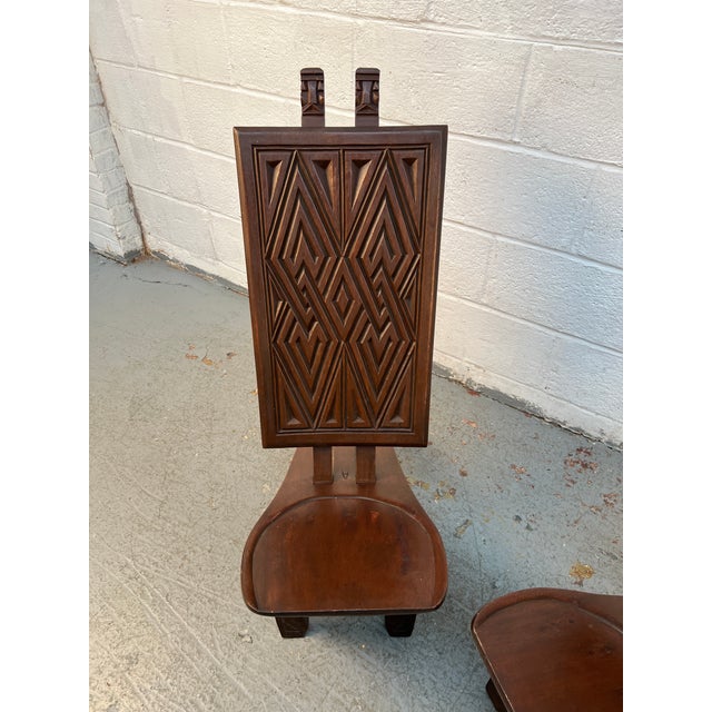 Mid 20th Century Pair of Geometric Carved Low Slung Tribal Palaver Chief Chairs For Sale In New York - Image 6 of 13