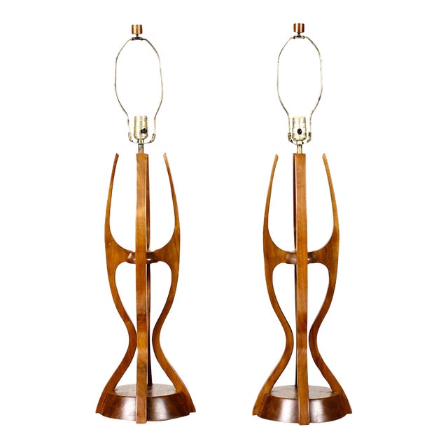 Vintage Mid-Century Modern Walnut Brass Table Lamps - a Pair For Sale