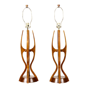 Vintage Mid-Century Modern Walnut Brass Table Lamps - a Pair