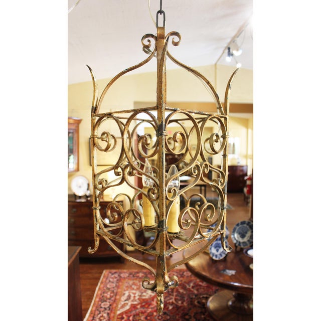 Early 20th Century French Gilt Iron Double Light Hanging Lantern For Sale - Image 4 of 10