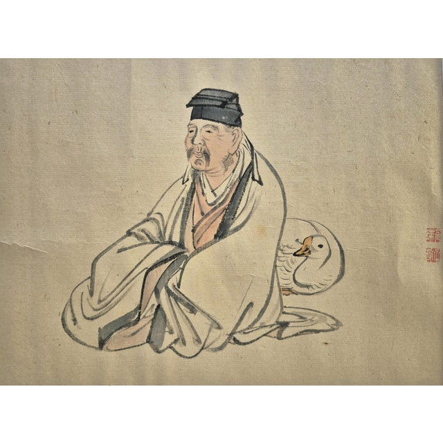 Antique Japanese Meiji era painting of Zen Monk and Goose. The combination of the monk and the goose signifies the core...