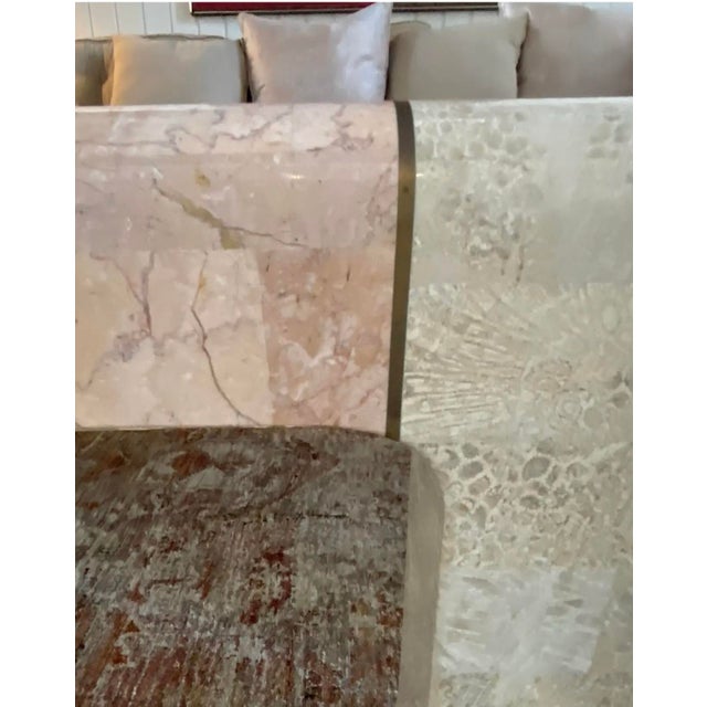 Ecru Tessellated Stone Square Coffee Table With Pink Marble Inlay in the Style of Maitland-Smith For Sale - Image 8 of 12