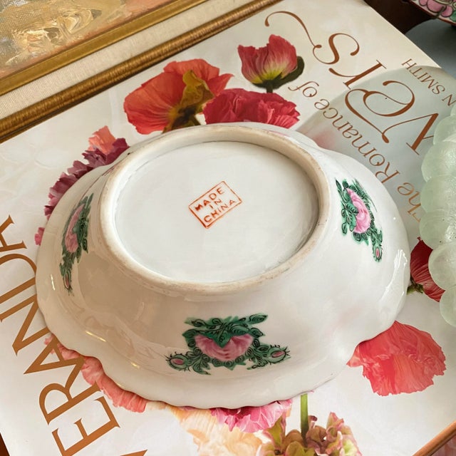 Vintage 1920s Chinoiserie Famille Rose Thousand Butterflies China Oval Bowl For Sale - Image 4 of 10