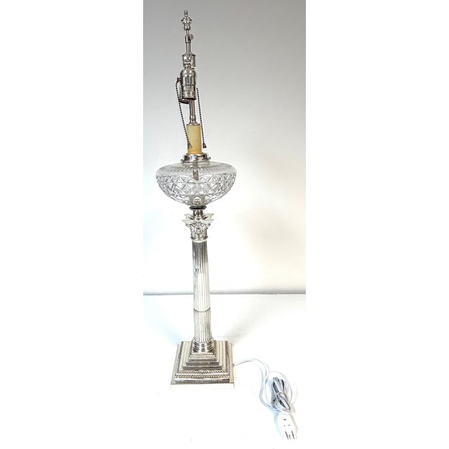 19th Century Victorian Sheffield Plate Corinthian Column Lamp Cut Crystal Font, Hinks & Co. For Sale - Image 9 of 18