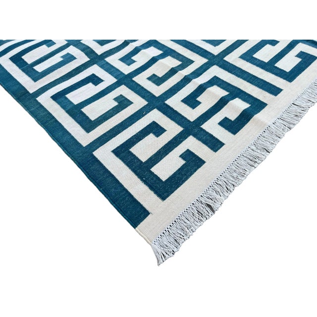 Not Yet Made - Made To Order Handmade Cotton Natural Vegetable Dyed Teal Blue and White Geometric Pattern Rug - 4'x6' For Sale - Image 6 of 11