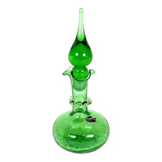 1960's Emerald Green Kanawha #710r Crackle Glass Decanter With Teardrop Stopper For Sale