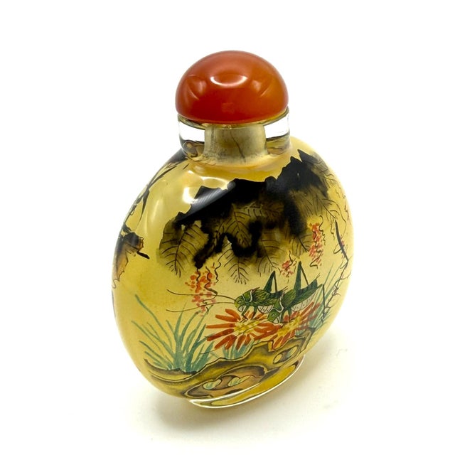 Glass Beautifully Painted Inside Painted Snuff Bottle With Praying Mantis and Grasshoppers For Sale - Image 7 of 16