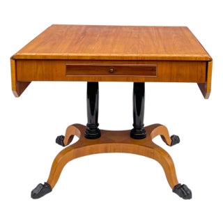 Antique Biedermeier Style Satinwood Drop Leaf Table W/ Ebonized Pedestal & Paws For Sale