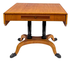Antique Biedermeier Style Satinwood Drop Leaf Table W/ Ebonized Pedestal & Paws
