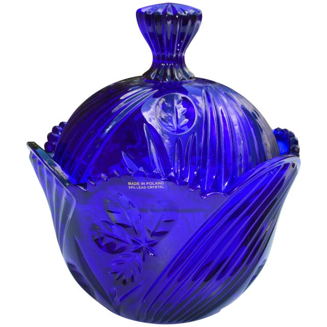 Mid 20th Century Mid 20th Century Blue Crystal-Cut Lidded Bowl For Sale - Image 5 of 5