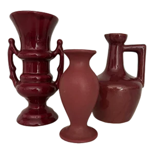 Set of 3 Mid Century Beet Mauve Burgundy Hand Made Pottery Vase Jug Vessel