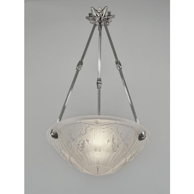 P. Maynadier P. Maynadier French Art Deco Pendant Chandelier Circa 1930 - Frosted Glass & Nickeled Bronze For Sale - Image 4 of 11