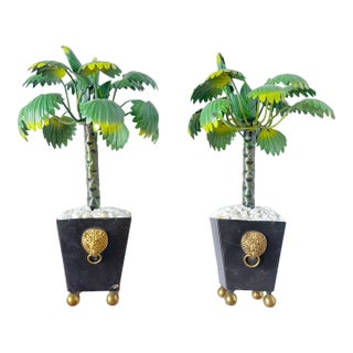 Vintage Pair Miniature Tole Palm Tree Sculptures For Sale