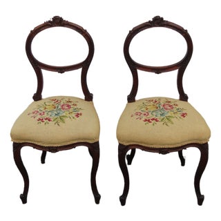 Victorian Late 1800s Carved Tapestry Small Accent Side Chairs a Pair 6379 For Sale