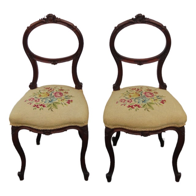 Victorian Late 1800s Carved Tapestry Small Accent Side Chairs a Pair 6379 For Sale