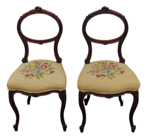 Victorian Late 1800s Carved Tapestry Small Accent Side Chairs a Pair 6379