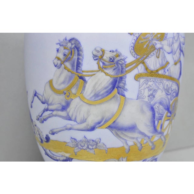 Mid 20th Century Vintage Greco Roman Classical Style Light Blue Porcelain Horse & Chariot Vase For Sale - Image 5 of 14