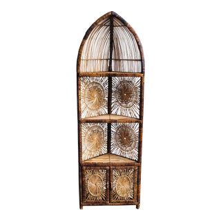 Vintage Boho Chic Four-Tier Sun Burst Wicker Corner Etagere For Sale