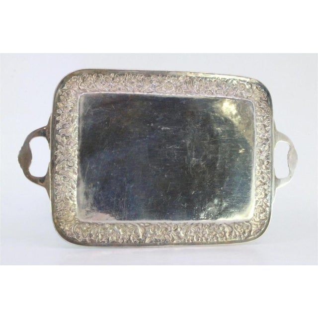 Islamic Style Silver Tray with Floral Relief and Engraved Scene of Veneration of the Prophet Muhammad For Sale - Image 3 of 7