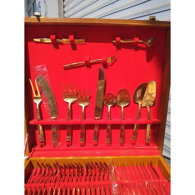 Bronze Vintage 144 Pc. Set of Thai Nickel Bronze Flatware in Teak Case For Sale - Image 8 of 8