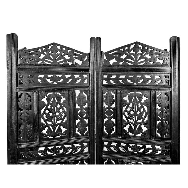 Beautiful vintage mango wood 4 panel floral carved design folding screen. Hinged to be free-standing for use as a...