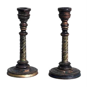 Swedish Candleholders in Carved Wood, Paint & Gilt, 1800s, Set of 2