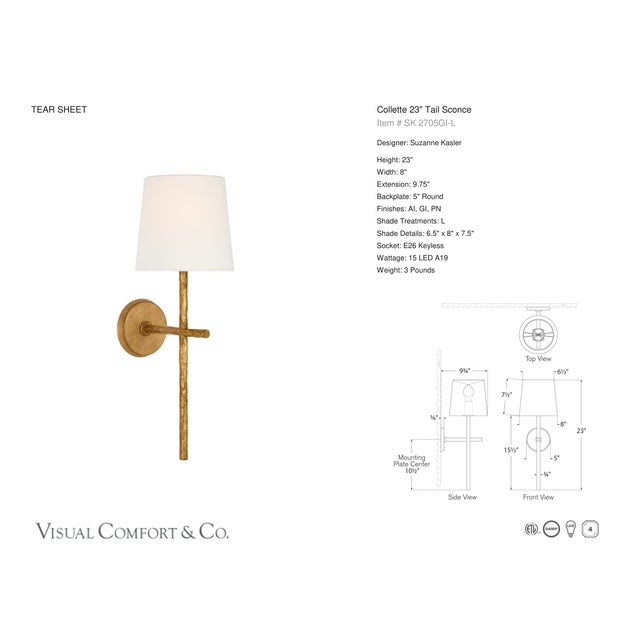Suzanne Kasler for Visual Comfort Signature Collette 23" Tail Sconce in Gilded Iron with Linen Shade For Sale In Houston - Image 6 of 8