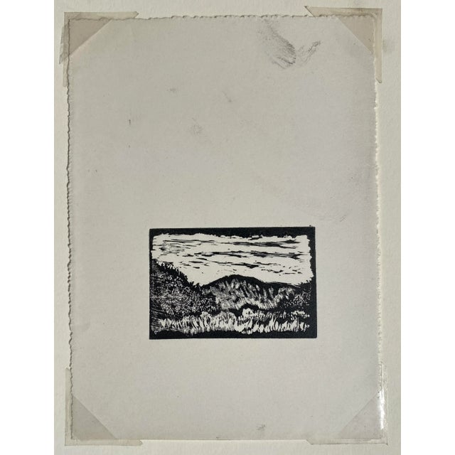1980s miniature linocut of a mountain landscape scene. Unsigned. Image: 2 x 3 inches Sheet: 7.75 x 5.75 inches