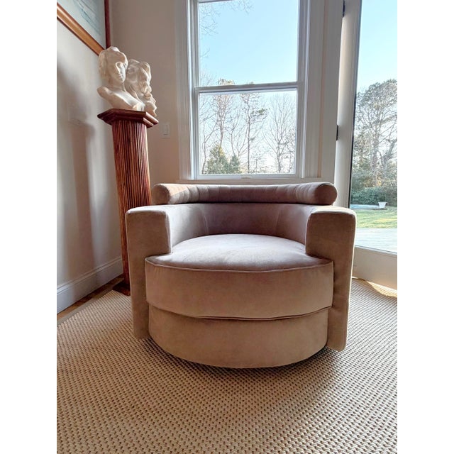 Circular Swivel Chair in Camel Toned Suede For Sale - Image 12 of 16