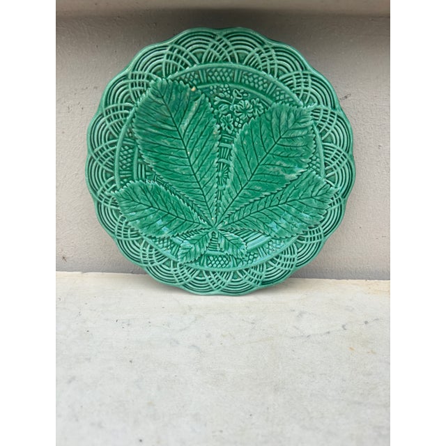 French green Majolica chesnut leaf plate circa 1890. 6 plates available.