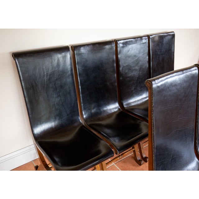 Mid-Century Spanish Oak and Black Leather Dining Chairs by Pierre Lottier for Valmazan, 1960s, Set of 6 For Sale - Image 10 of 18