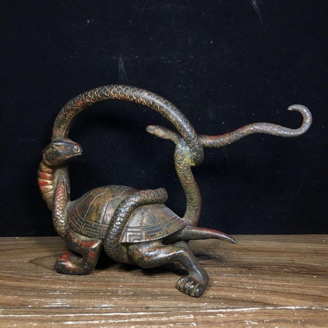 Metal Antique Bronze Dark Warrior Turtle & Snake Sculpture – 10.6" Xuanwu Mythical Beast For Sale - Image 7 of 9