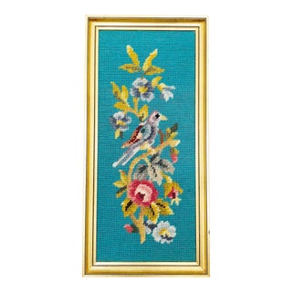 Vintage Blue Bird Cross Stitch Wall Hanging For Sale