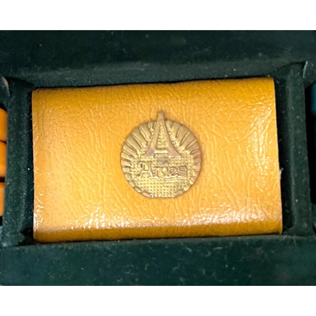 Mid 20th Century Mid-Century Aries Green & Gold Leather and Velvet Traveling Backgammon Set For Sale - Image 5 of 7