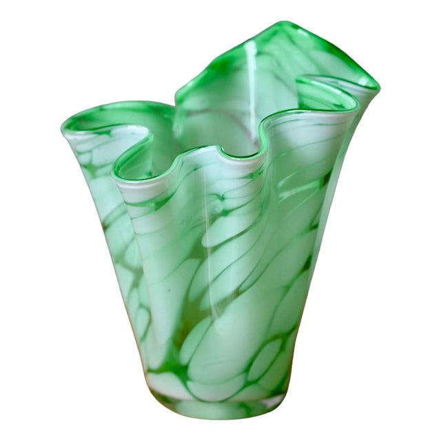 Green and White Murano Cloud Glass Freeform Vase, 1970s For Sale
