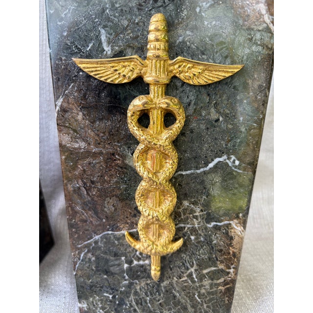 1980s Heavy Medical Caduceus Brown Gray Italian Marble Bookends a Pair For Sale - Image 4 of 15