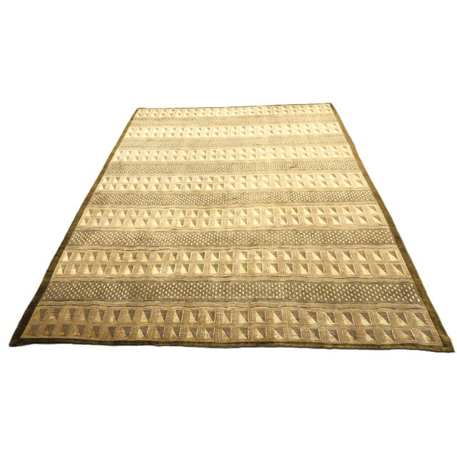 2020s 6'x9' Hand-Knotted Modern Tibetan Wool & Silk Carved Linear Rug in Gold & Green For Sale - Image 5 of 10